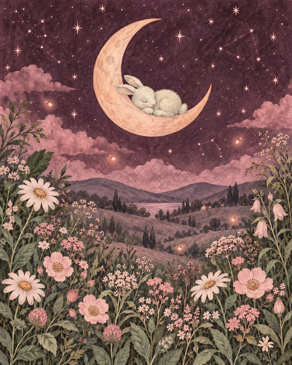 A rabbit sleeps on a rose-gold moon above pink flowers, under a plum sky full of pink stars.